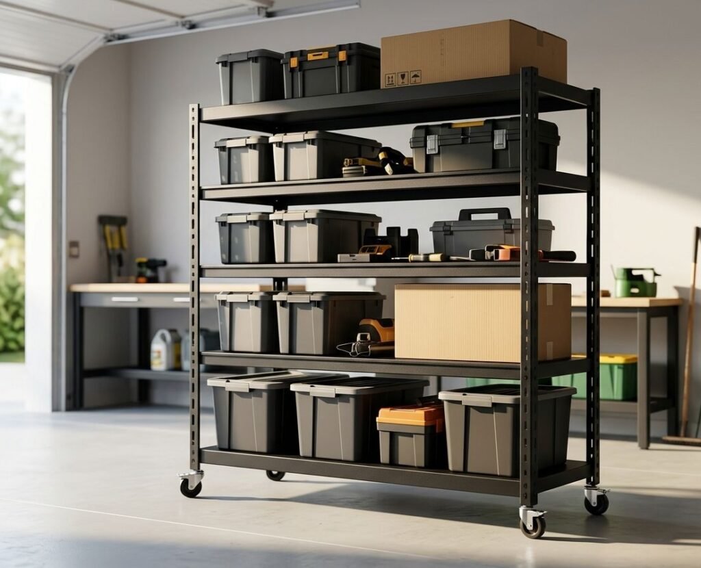 heavy duty portable shelving unit holding tools and storage bins in a garage